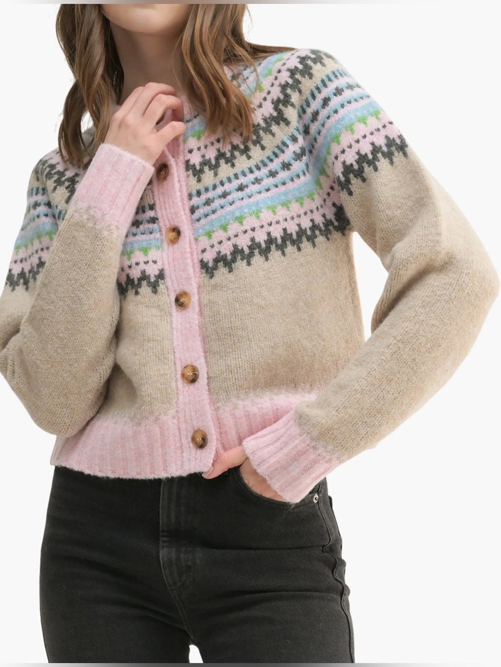 NWT Lush Fair Isle Button-Up Cardigan - taupe Pink, Size XL